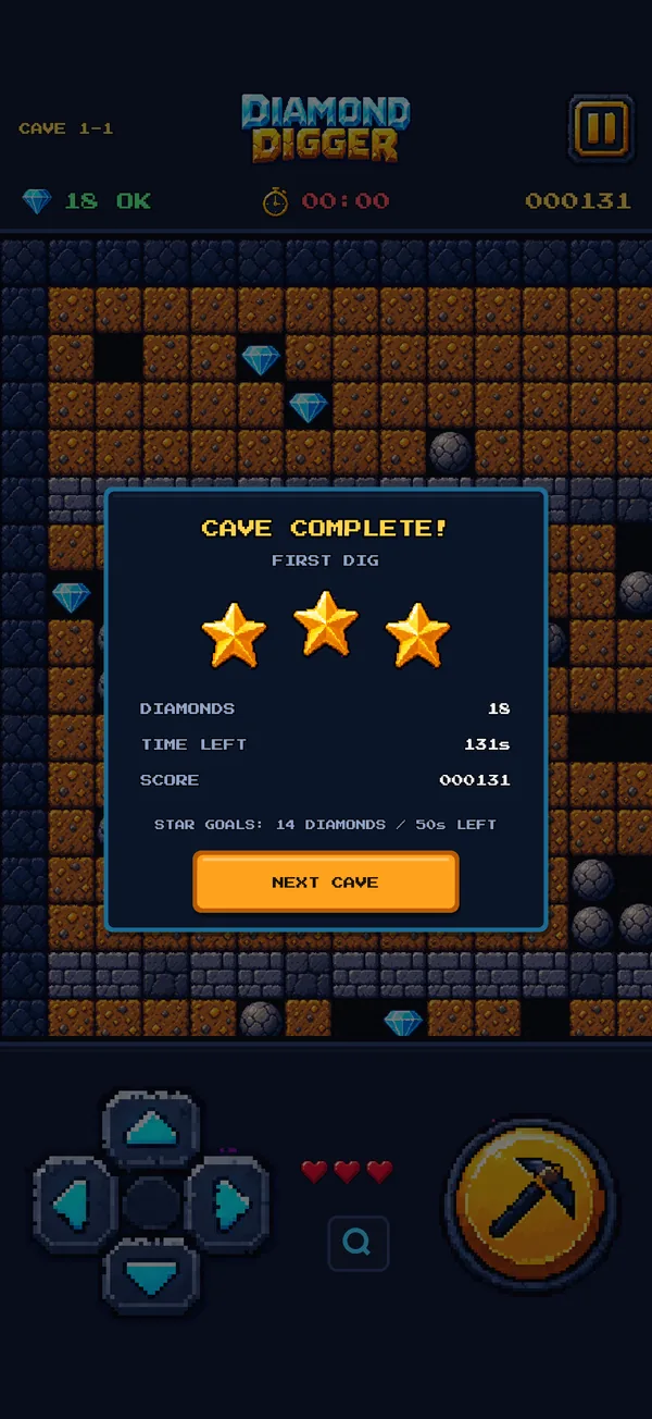 Cave complete screen with three gold stars