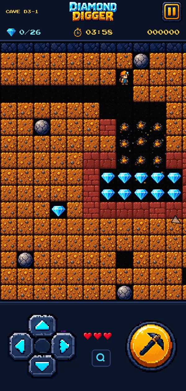 Deep Mine cave with a vault of diamonds behind red brick and a row of powder kegs