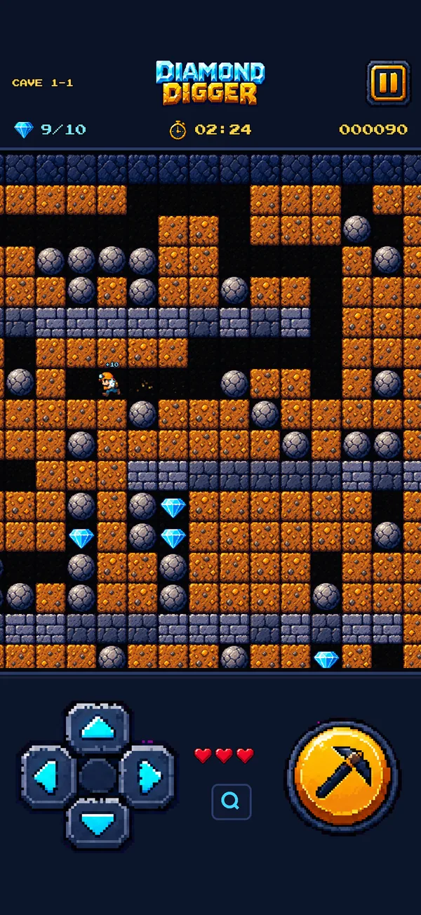 The first cave: orange earth, grey boulders and blue diamonds
