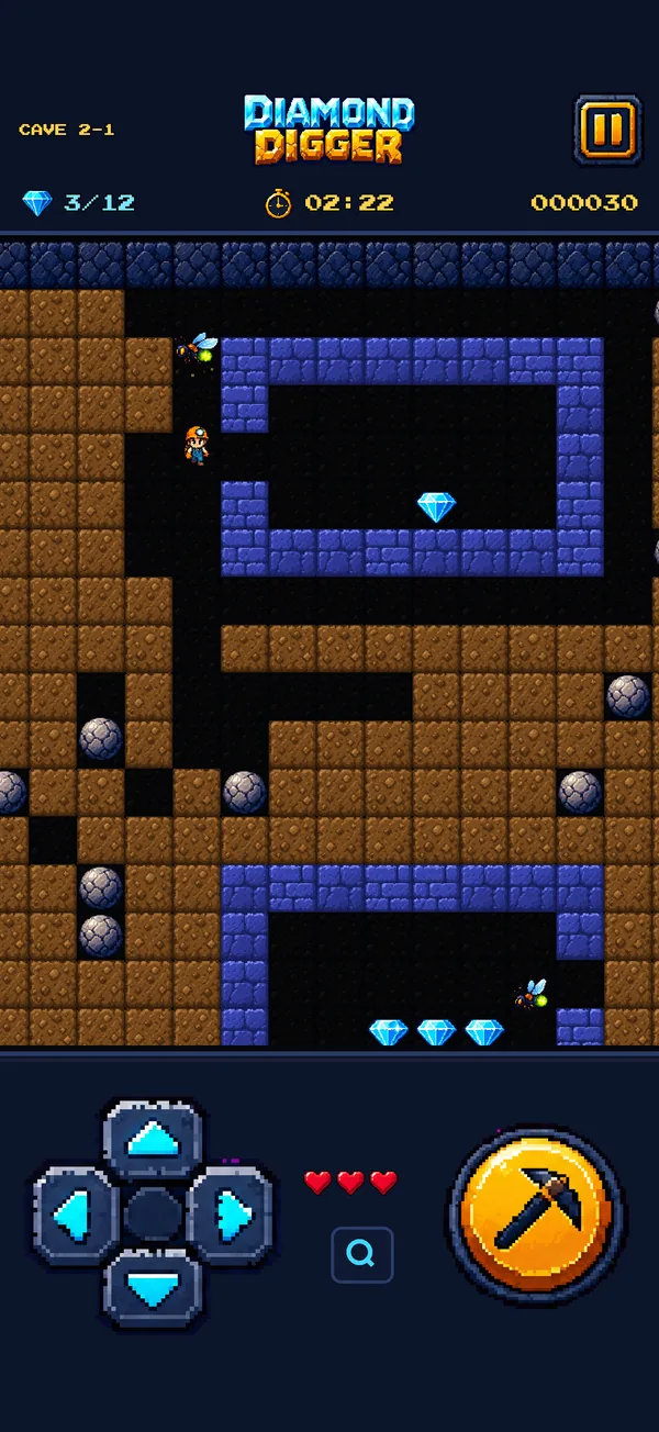 A cave with blue brick rooms and fireflies