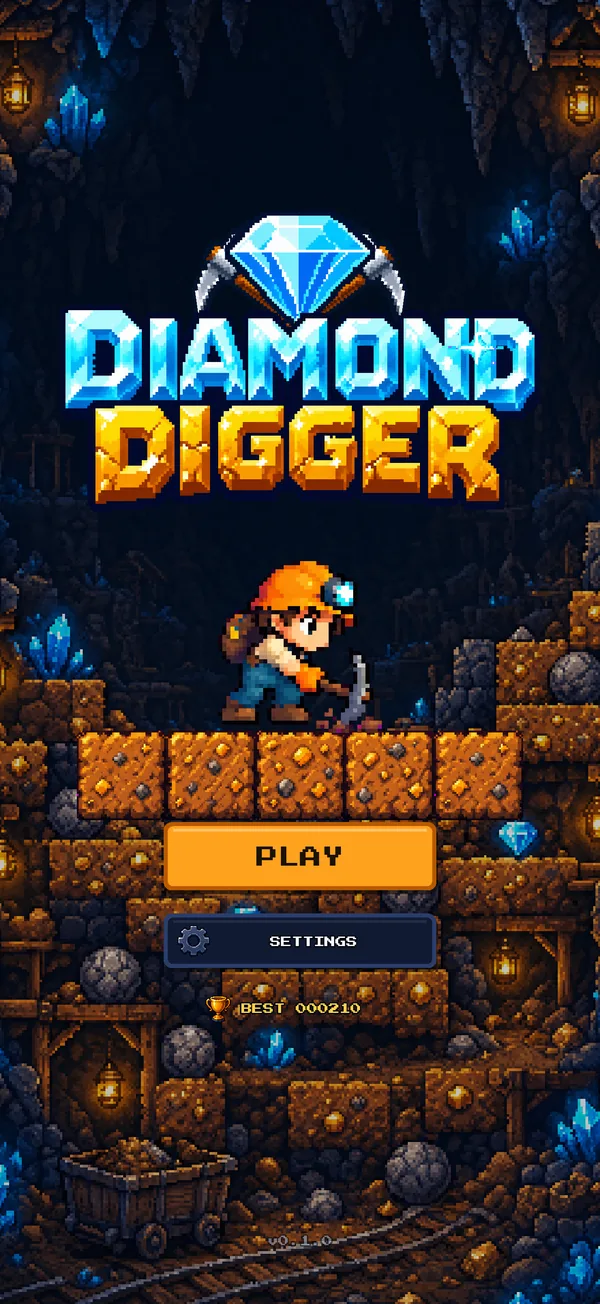 Diamond Digger title screen with Digby holding a pickaxe