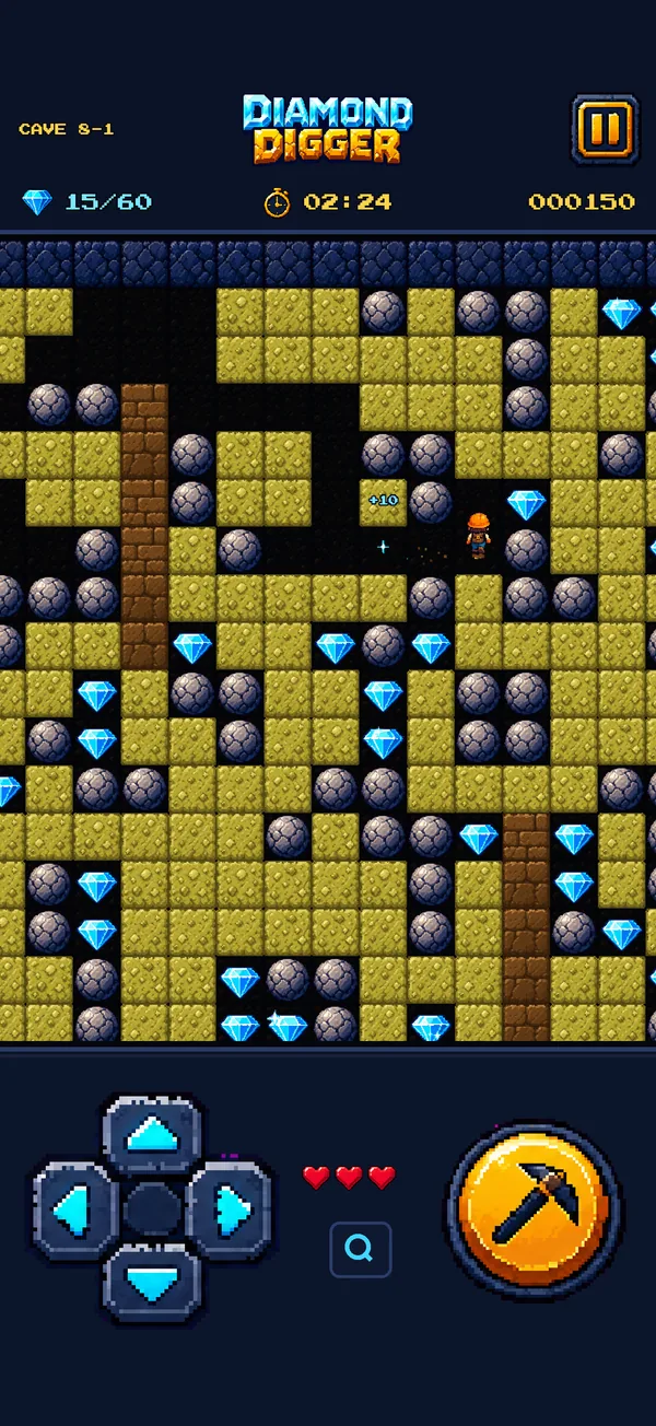 Diamond Digger gameplay: Digby in a cave full of diamonds, boulders and yellow earth, with the D-pad and DIG button below